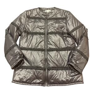 Patty Kim Womens black puffer coat with black grasgrain ribbon/bead, pockets XS